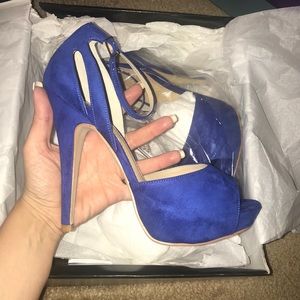 Used express blue suede peep toe platform size 8